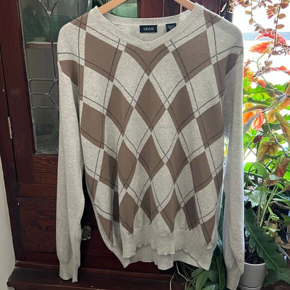 Y2K Vintage IZOD Argyle Sweater Size M Men VNeck Gray Tan Cotton Academia Preppy - Picture 8 of 17
